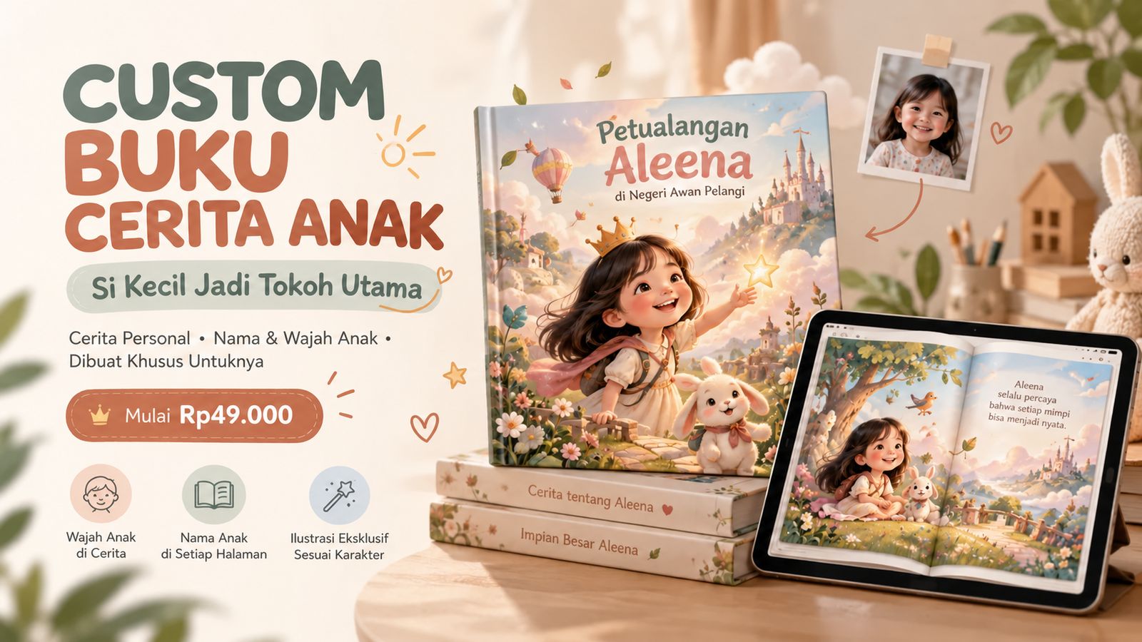 Cover Custom Buku Cerita Anak dengan contoh buku personal bertema petualangan Aleena